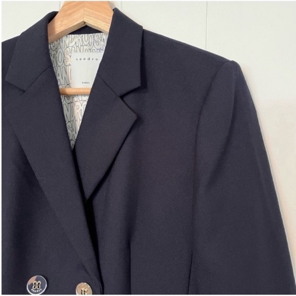 Sandro Blazer Sports Coat Suit Jacket Navy Blue Mirrored Buttons 38 - Picture 3 of 9